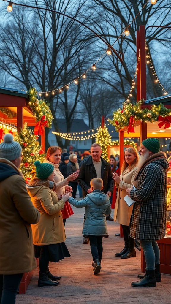 A festive community event with people interacting in a decorated outdoor market