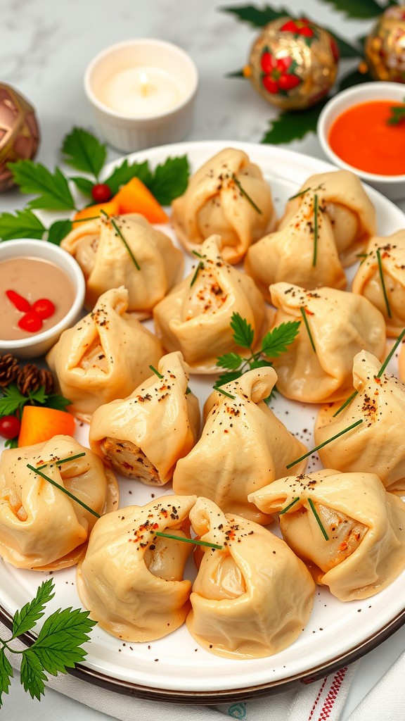 A plate of coxinha de frango, small savory pastries filled with chicken, garnished with herbs and served with dips.