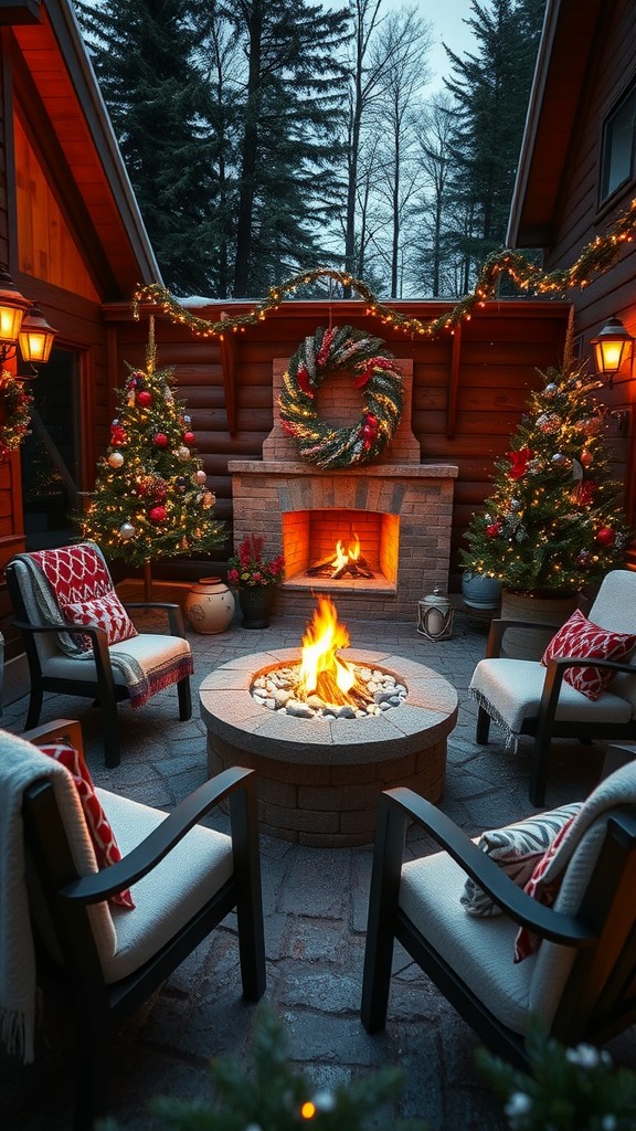 A cozy fire pit surrounded by comfortable seating, decorated with festive lights and a warm fire burning in the center.