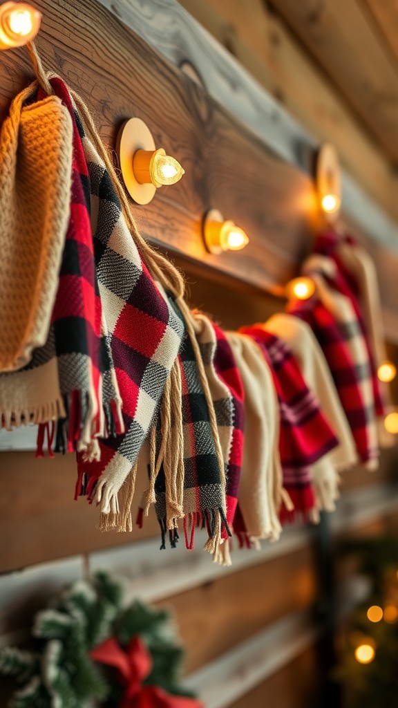 A collection of cozy flannel fabrics in red and black patterns, draped with twine accents and glowing lights.