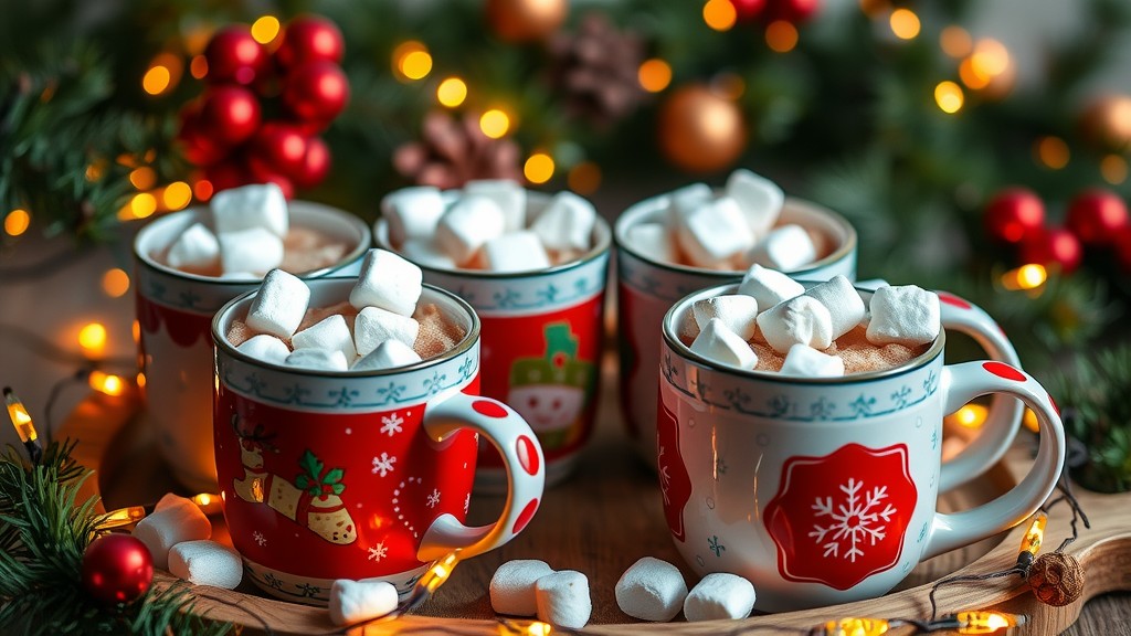 A cozy centerpiece with festive mugs filled with hot cocoa topped with marshmallows, surrounded by holiday decorations and lights.