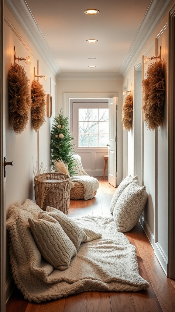 A cozy hallway with soft throws, pillows, and decorative elements creating a warm atmosphere.