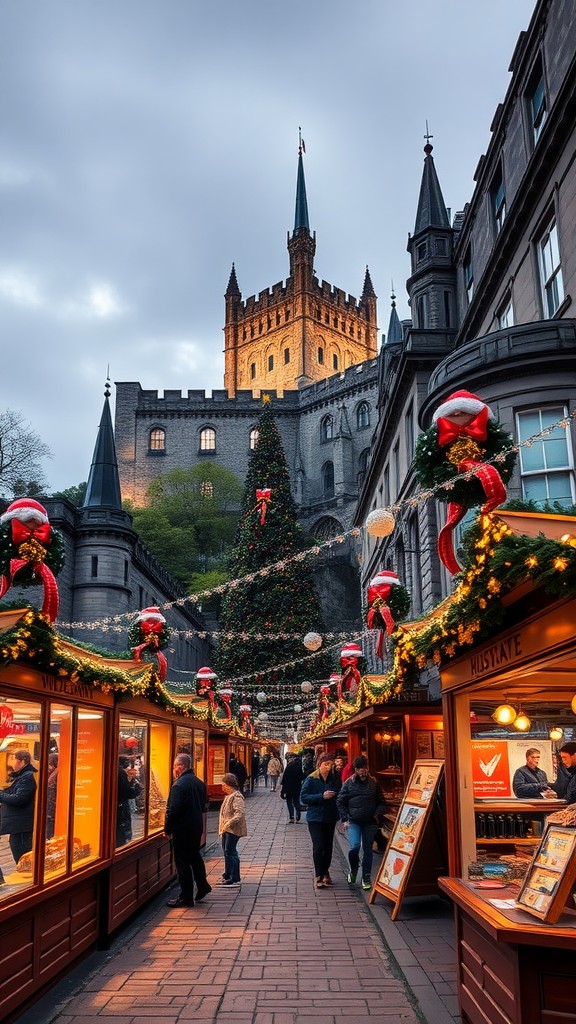 A festive view of the Edinburgh Christmas Market with stalls, a Christmas tree, and a castle in the background.