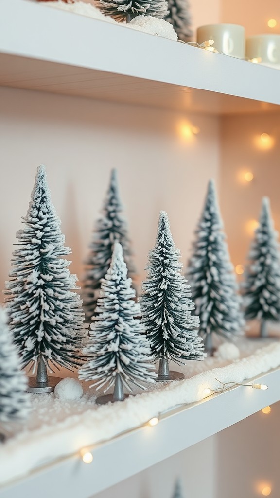 Miniature snowy trees decorated on a shelf with soft lights and candles.