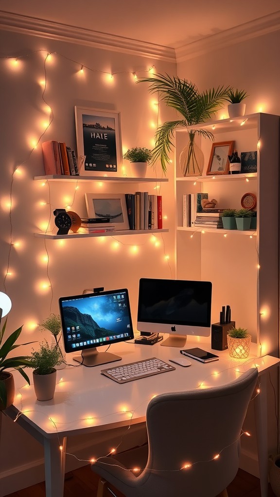 A cozy home office with warm string lights, two computers, and indoor plants.