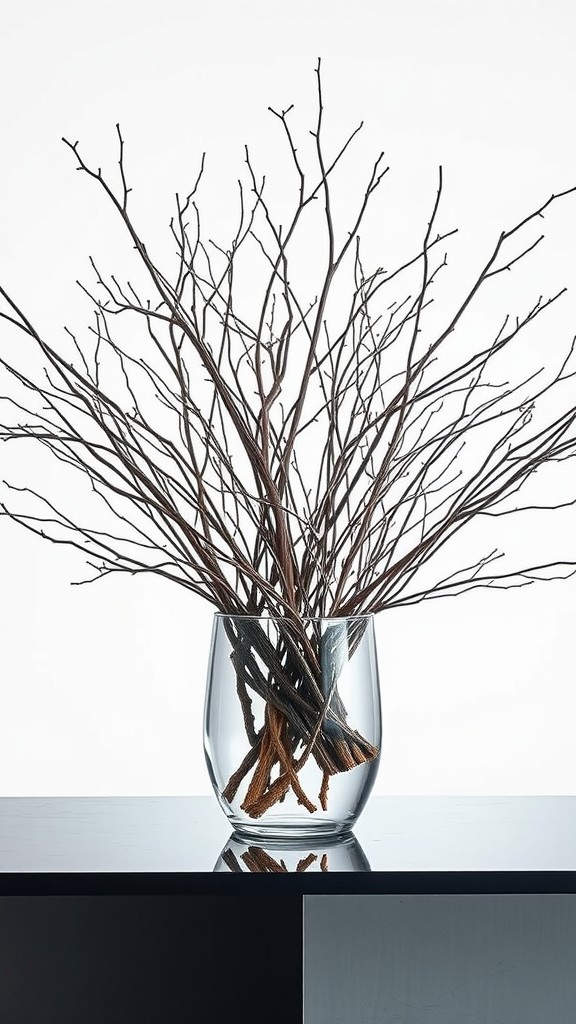 A clear vase filled with twigs and branches, creating a rustic home decor display.