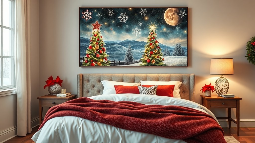 Cozy bedroom with a festive holiday-themed painting of Christmas trees and snowflakes above the bed