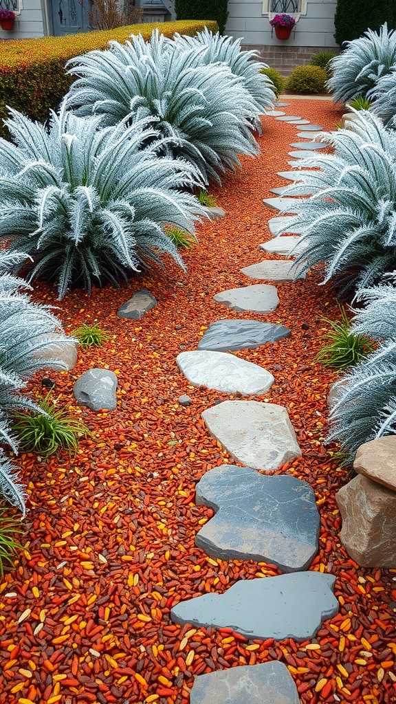 A pathway made of stones surrounded by colorful mulch and frosty foliage