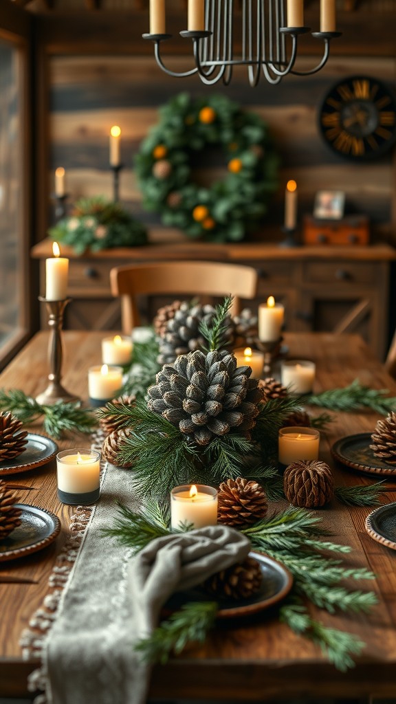 A cozy dining table centerpiece featuring pinecones, greenery, and candles