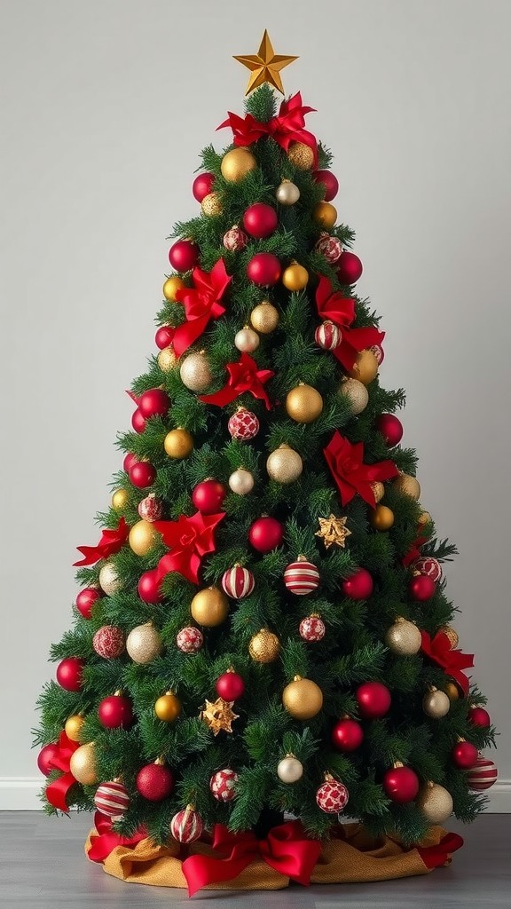 A beautifully decorated Christmas tree with red and gold ornaments, red ribbons, and a golden star on top.