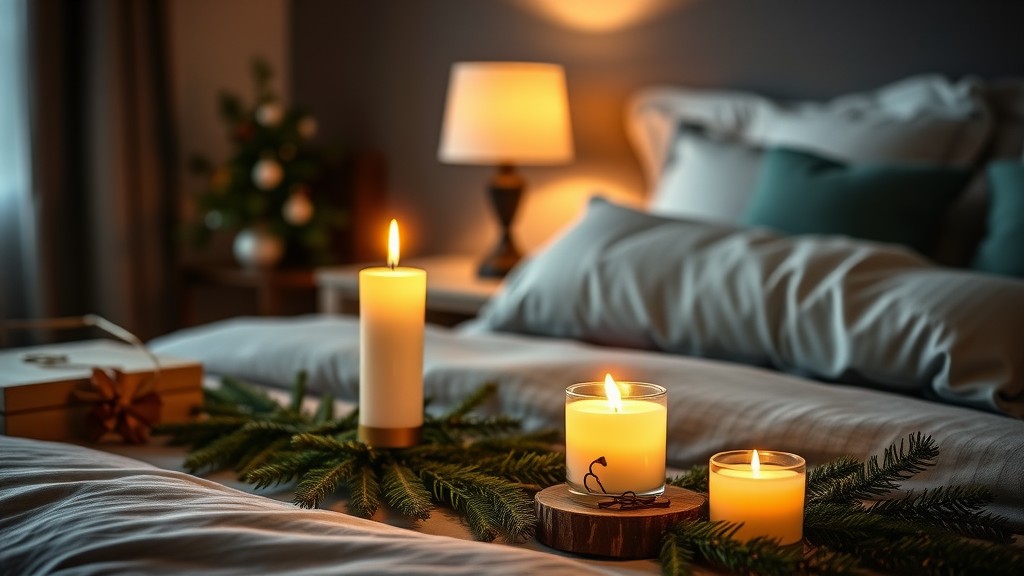 A cozy bedroom scene with candles on a bed, surrounded by greenery and a soft lamp glow.