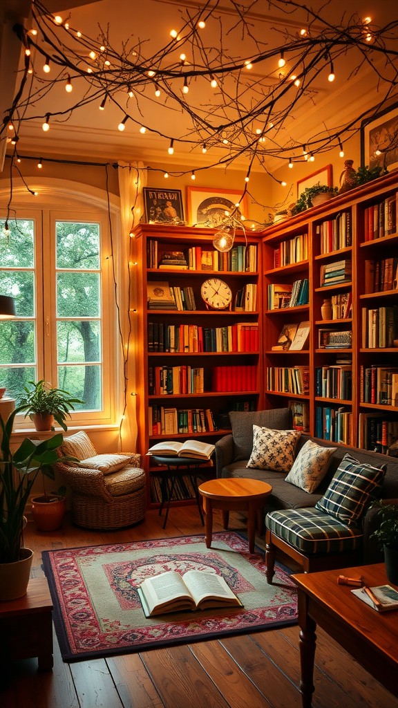 A cozy reading nook with fairy lights, bookshelves, and comfortable seating