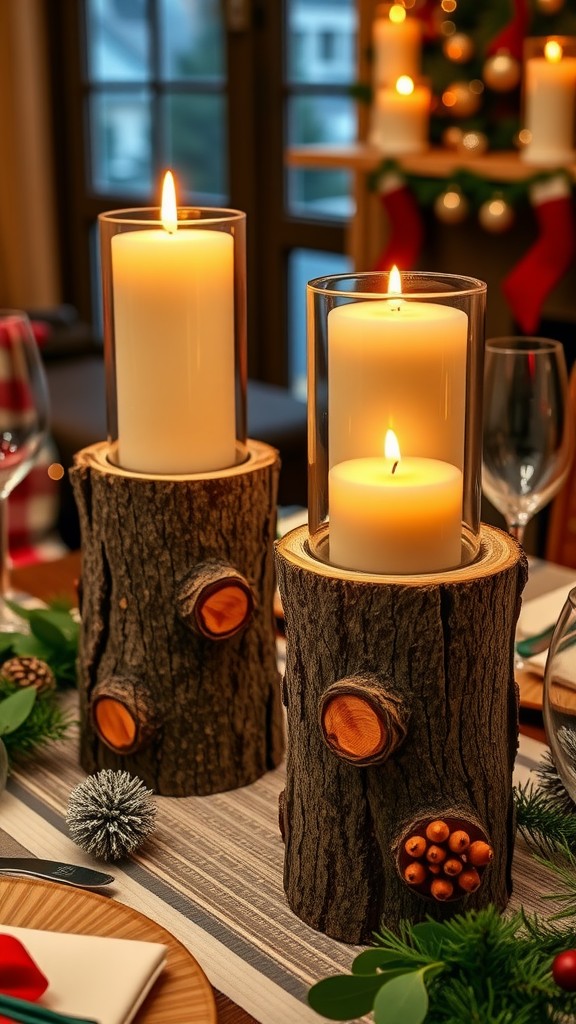 Rustic candle holders made from logs with glowing candles on a table decorated for a festive occasion.