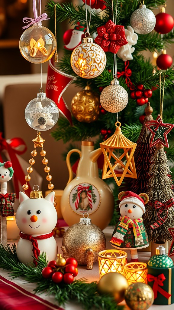 A colorful display of DIY ornaments including snowmen, a cat, and various baubles, set against a festive backdrop.