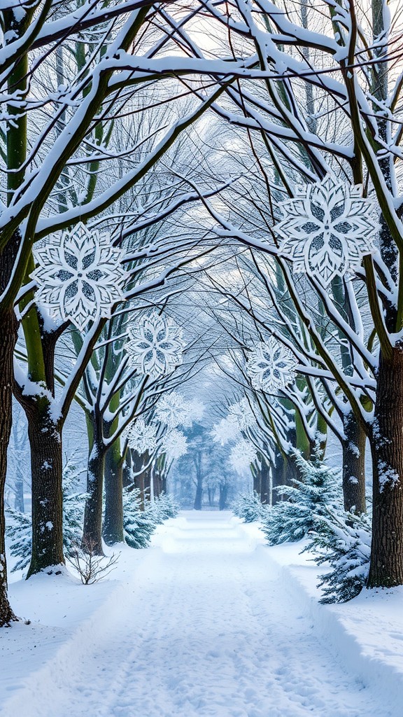 A snow-covered path with trees decorated with large snowflake ornaments