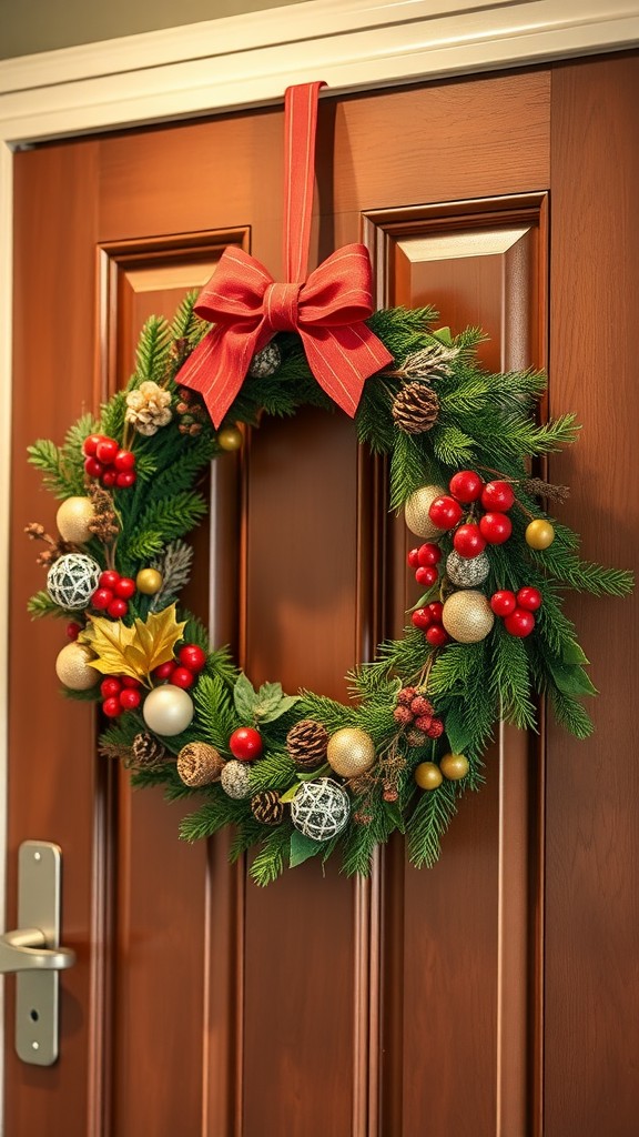 A colorful holiday wreath with red and gold decorations, featuring pine cones and a large red bow, hanging on a brown door.