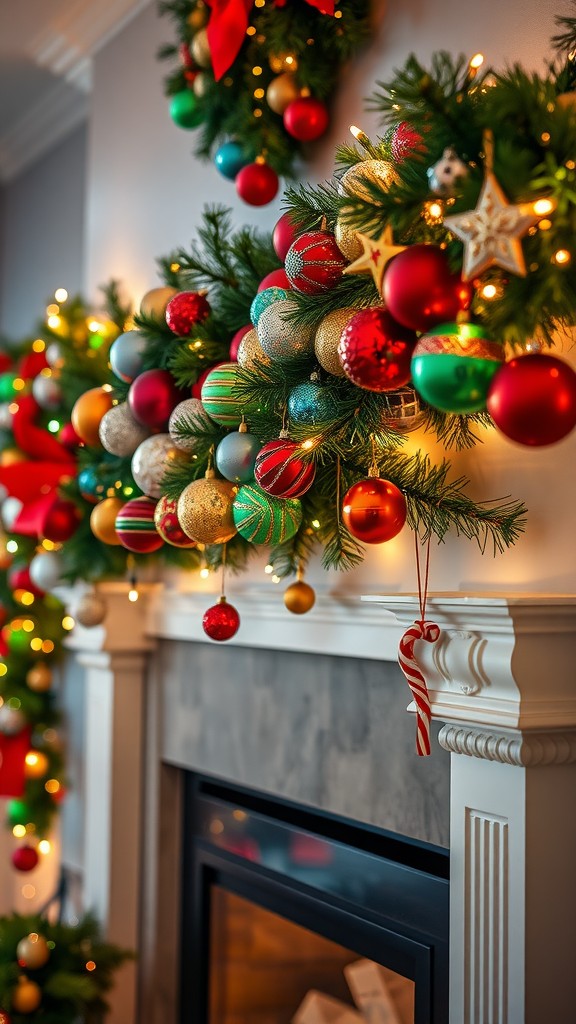 A beautifully decorated garland with colorful ornaments and lights hanging over a fireplace.