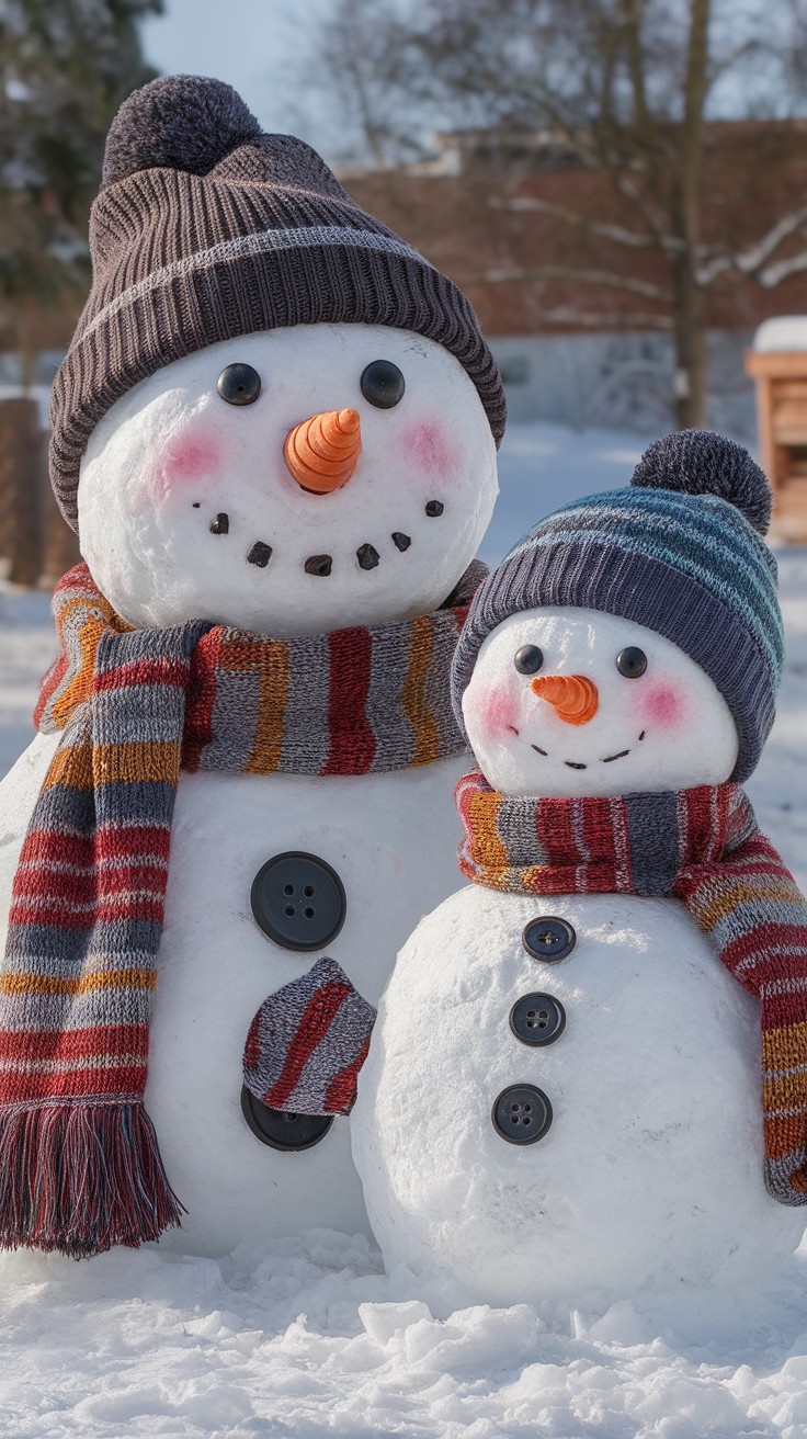 A cheerful snowman family with a large snowman wearing a hat and scarf, beside a smaller snowman, both with carrot noses and button eyes.