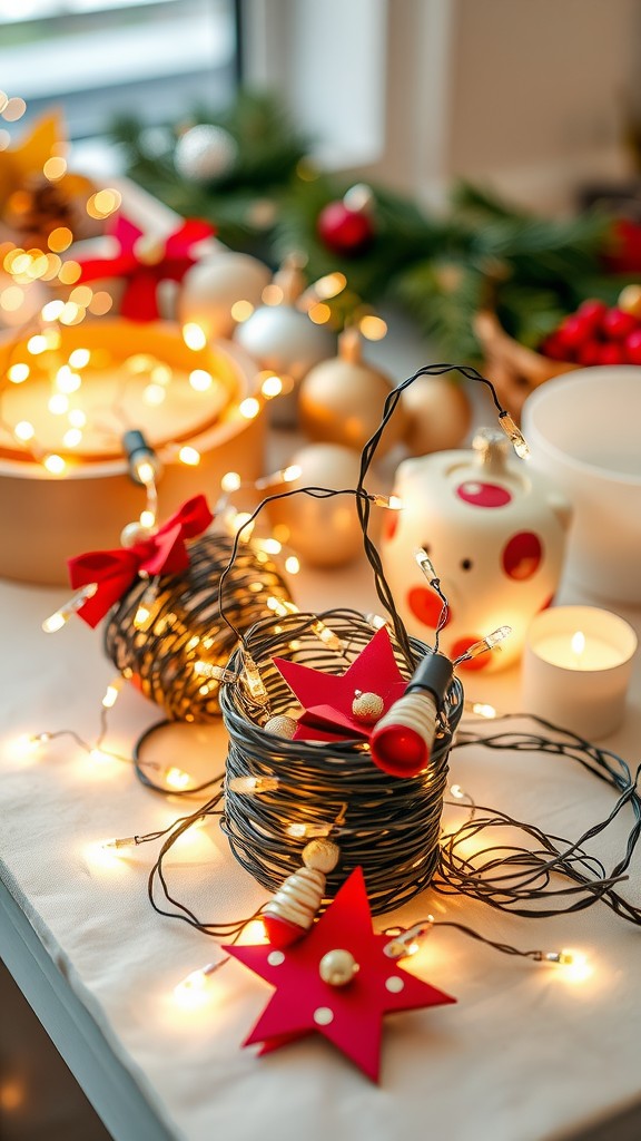 A festive arrangement of fairy lights, red star decorations, and holiday ornaments on a table.