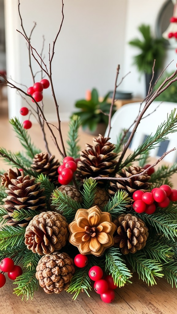 A decorative arrangement featuring pine cones, red berries, and green foliage.