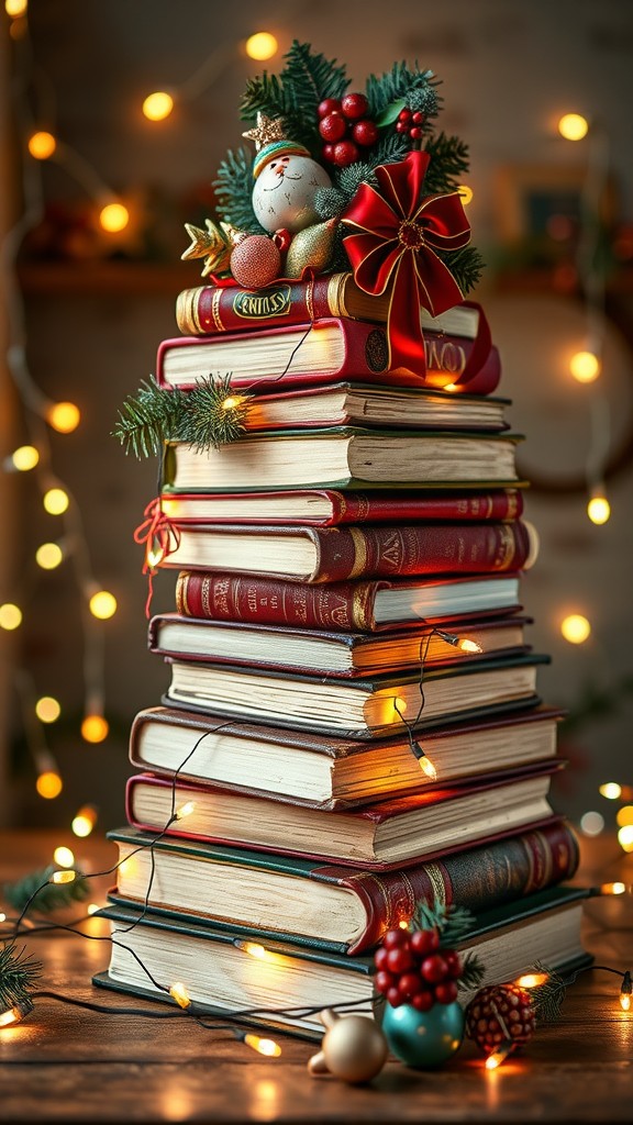 A stack of old books decorated for the holidays with a snowman ornament, a red bow, and fairy lights.