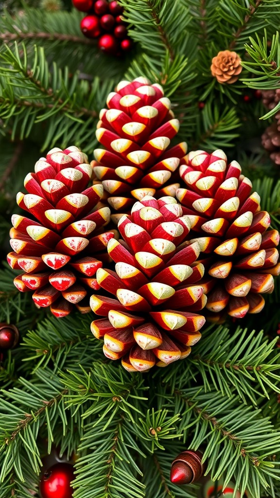 Vibrant red and yellow pinecones arranged with green branches and berries.