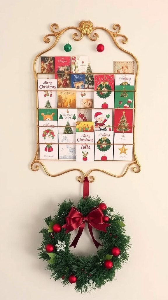 A decorative wall-mounted card holder displaying various holiday cards with festive decorations around it.