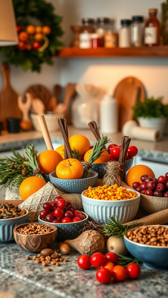 A colorful arrangement of fresh fruits, grains, and herbs displayed in bowls on a kitchen countertop.