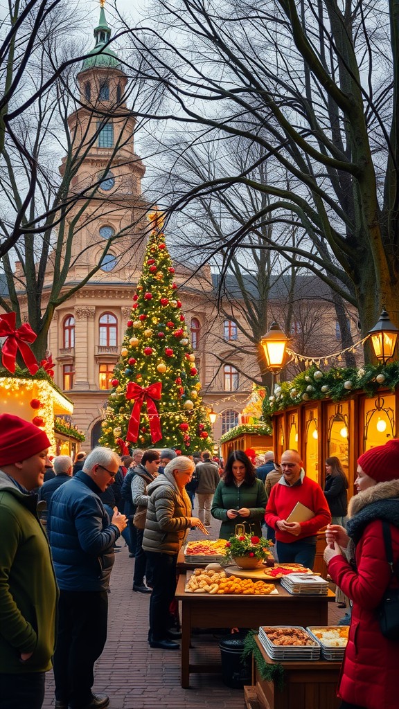 A festive Christmas market with a decorated tree, people enjoying food and drinks, and a charming building in the background.