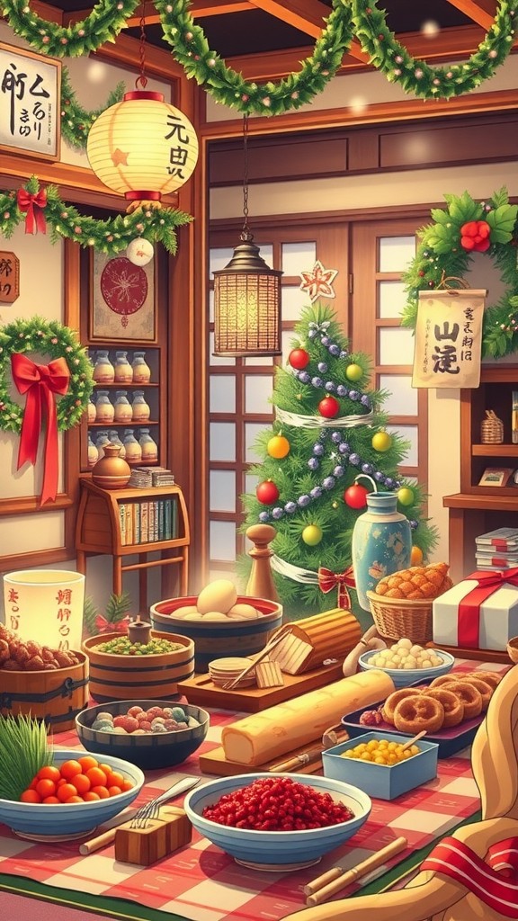 A festive room filled with traditional Japanese and Western holiday decorations and foods.