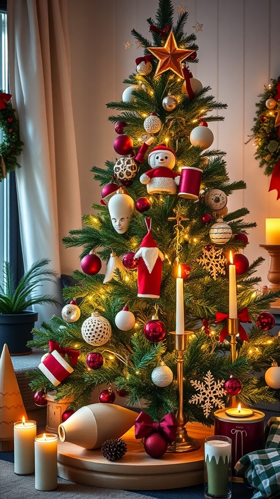 A beautifully decorated Christmas tree with various ornaments, candles, and festive elements.