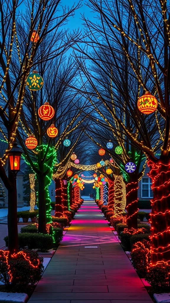 A pathway decorated with trees adorned with colorful ornaments and bright lights.