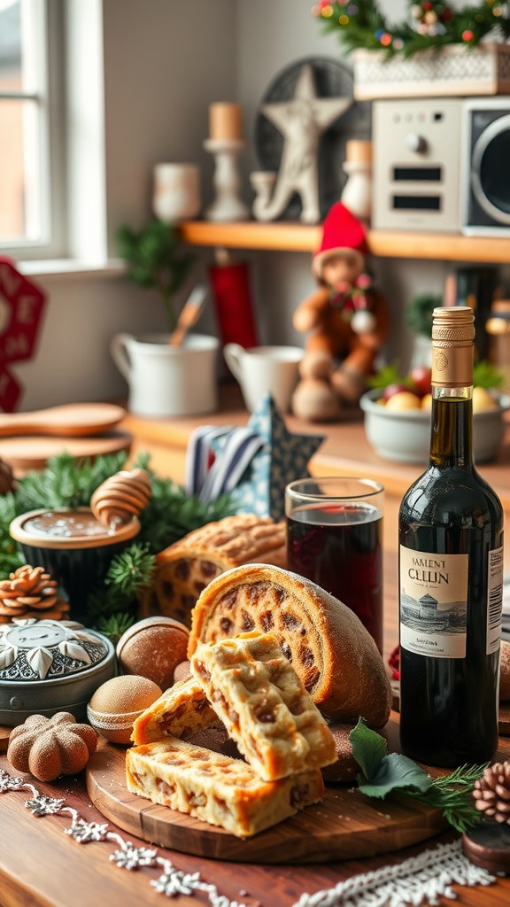 A festive spread of German holiday treats including stollen, gingerbread cookies, and a glass of red wine, surrounded by holiday decorations.