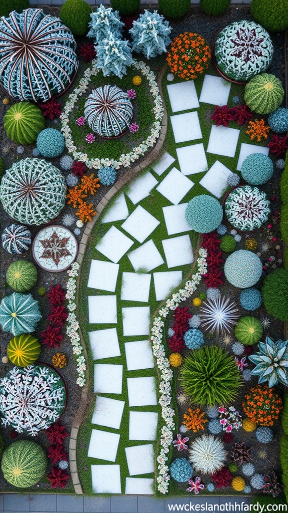 A vibrant garden layout featuring cacti, succulents, and colorful flowers with a winding stone path.