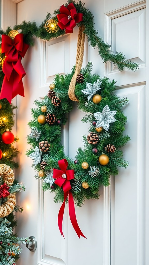 A beautifully decorated wreath with red bows, pinecones, and ornaments hanging on a door.