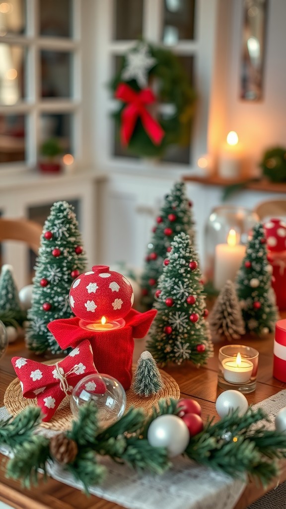 Festive holiday table setting with recycled decorations, including candle holders and small Christmas trees.