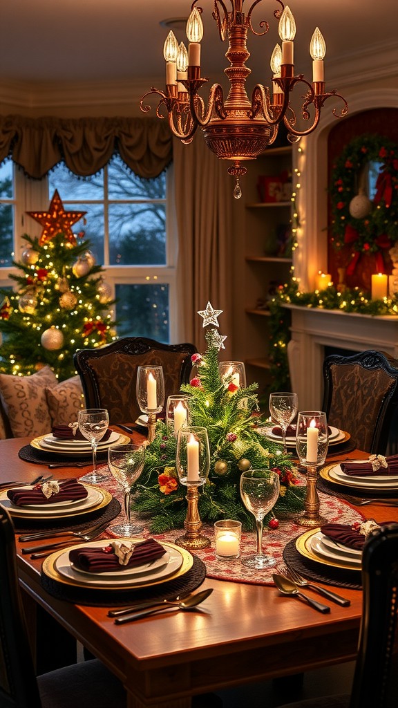 A festive dining table with a sparkling centerpiece surrounded by candles and greenery, set for Christmas.