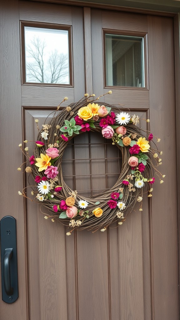 A vibrant grapevine wreath with flowers on a wooden door