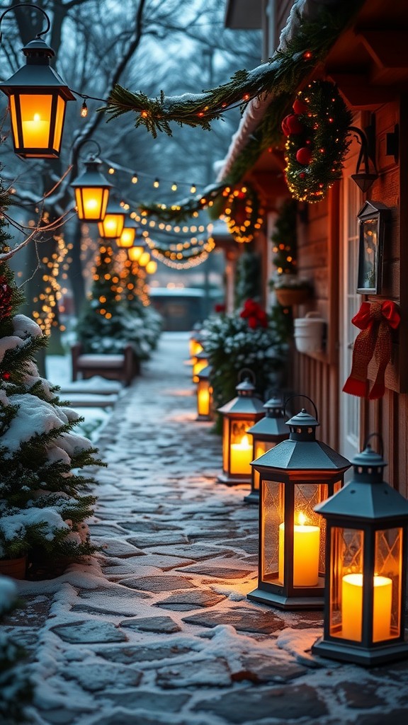 A snowy pathway illuminated by lanterns and string lights