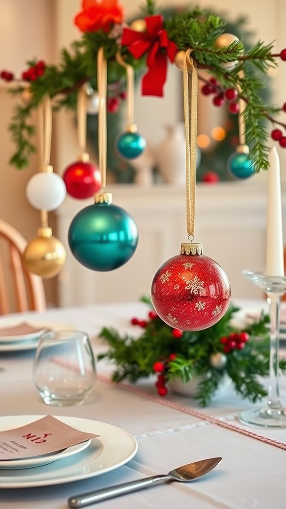 Colorful DIY ornaments hanging above a festive dining table with a garland centerpiece.