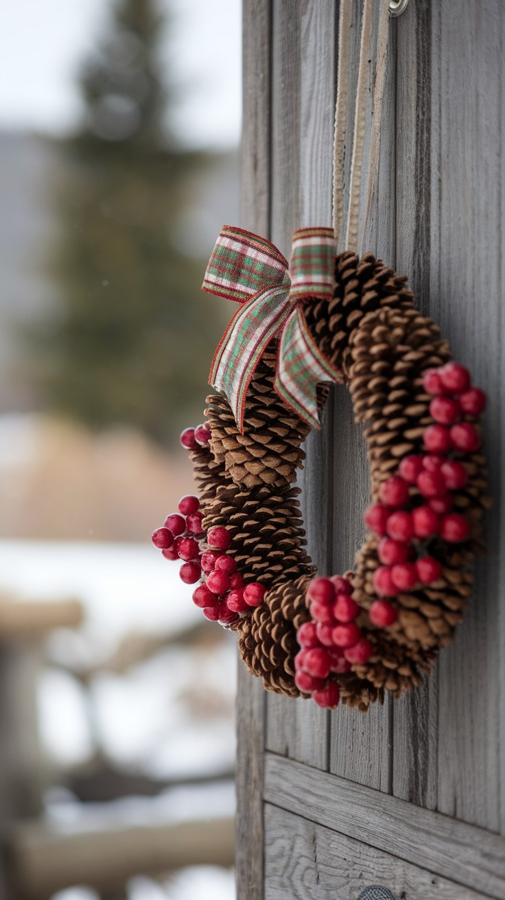 A pinecone wreath with red berries and a plaid ribbon hanging on a wooden door.