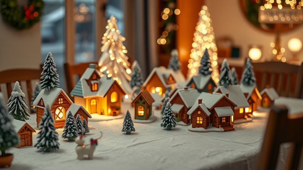 A cozy DIY snowy village scene with illuminated houses and snowy trees