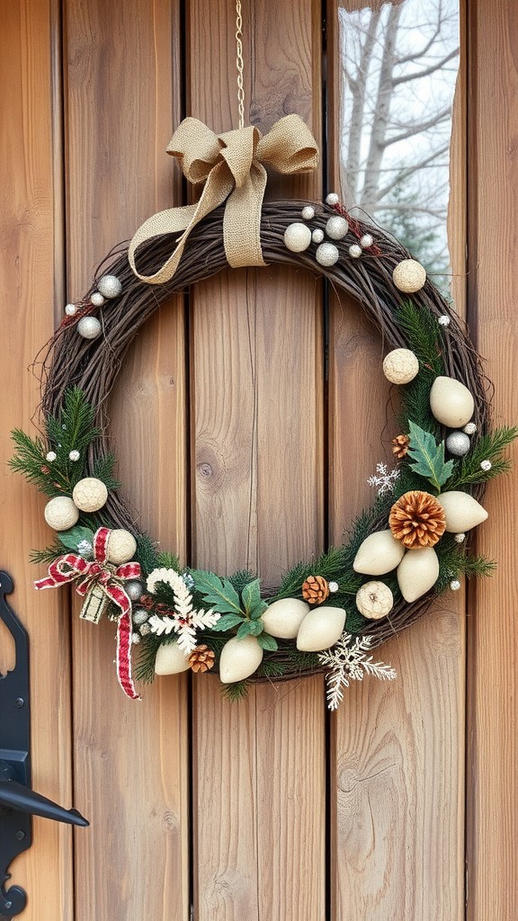 A beautifully decorated wreath with a burlap bow, pinecones, and decorative baubles, hanging on a wooden door.