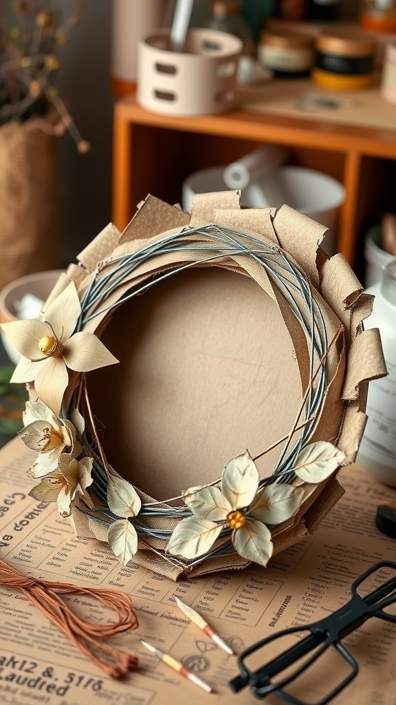 A DIY wreath frame made from recycled cardboard with faux flowers, surrounded by crafting tools.