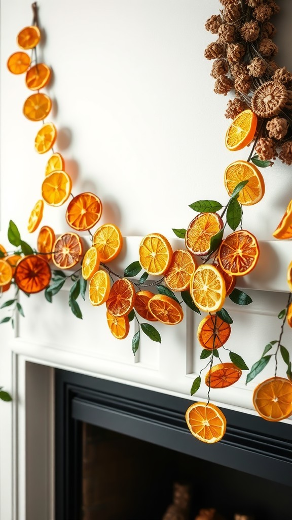 A decorative garland made of dried citrus slices and greenery hanging above a fireplace.