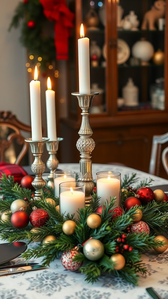 A festive dining table centerpiece featuring lit candles in silver holders, surrounded by red and gold ornaments and greenery.