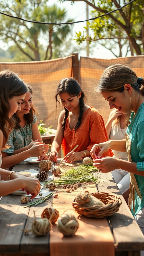 Group of friends making eco-friendly Christmas decorations with natural materials.