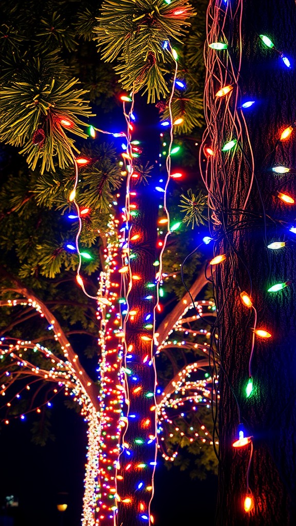 Colorful LED lights wrapped around trees at night.