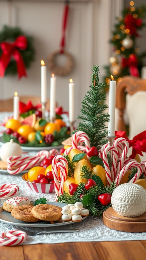 A festive holiday table set with fruits, cookies, and candy canes, decorated with candlelight and greenery.