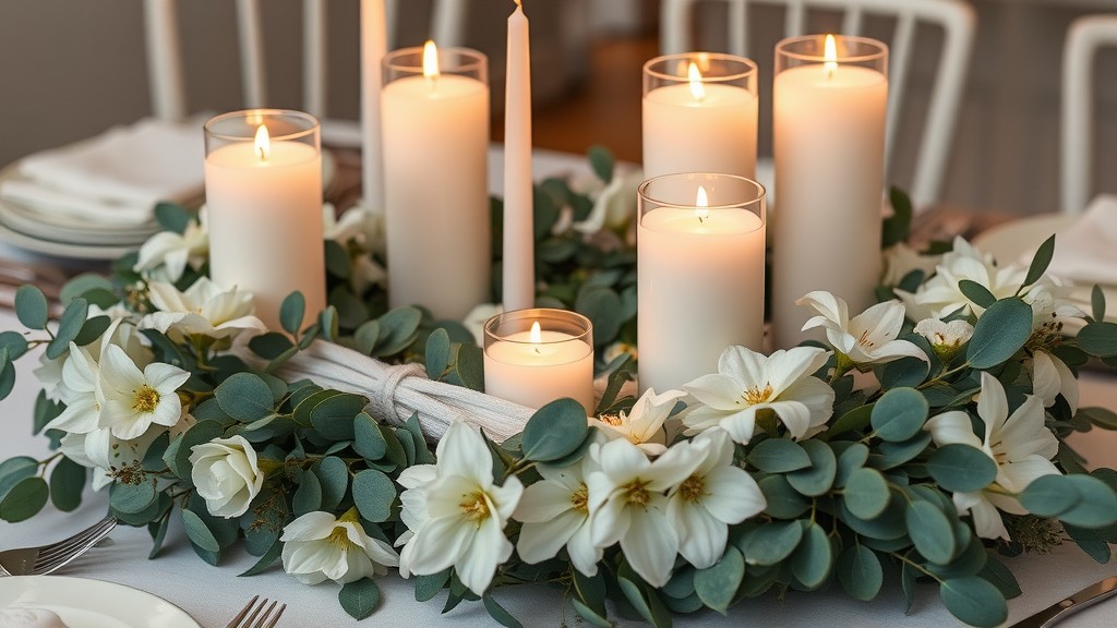 A beautiful display of candles surrounded by eucalyptus leaves and white flowers on a table.